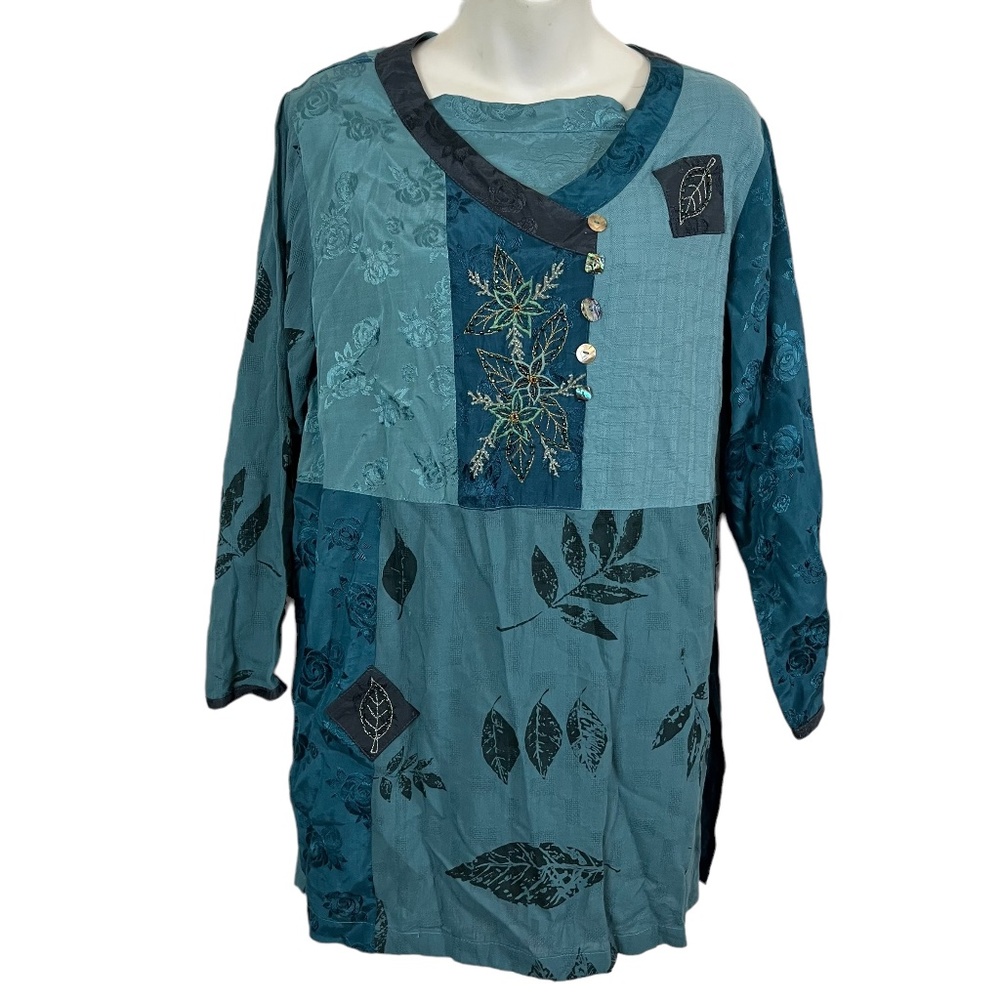 FAITH CELIA FORRESTER Teal Blue Embroidered Lagenlook Art to Wear Top Shirt sz M